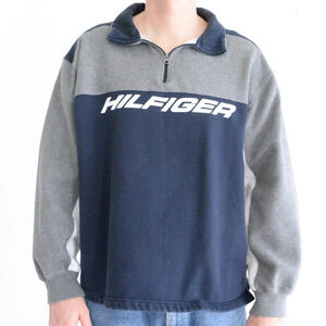 Vintage 90's Tommy  Hilfiger Gray And Navy Half Zip Pull Over Sweater Size Large